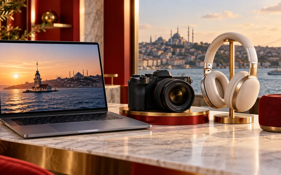 Məhsul kataloqunu yoxlama mövzusunu göstərən noutbuk, fotoaparat və qulaqlıq